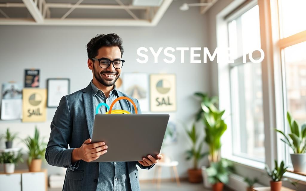 Systeme.io Affordable Funnel Builder Entrepreneur using systeme io dashboard to build an affordable sales funnel in a modern office.