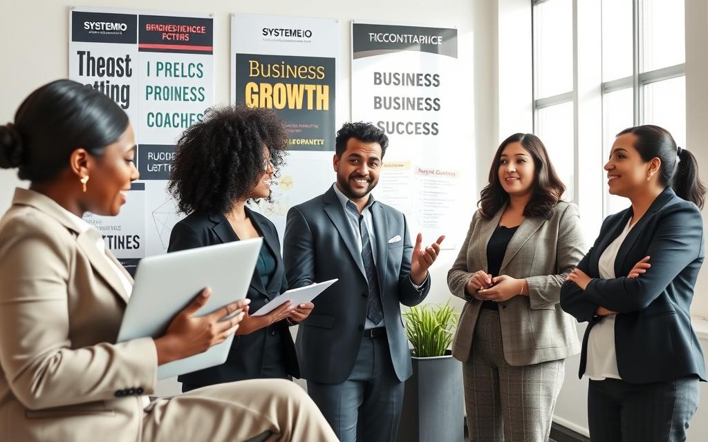 Diverse team of mentors discussing Systeme io for coaching business success stories.