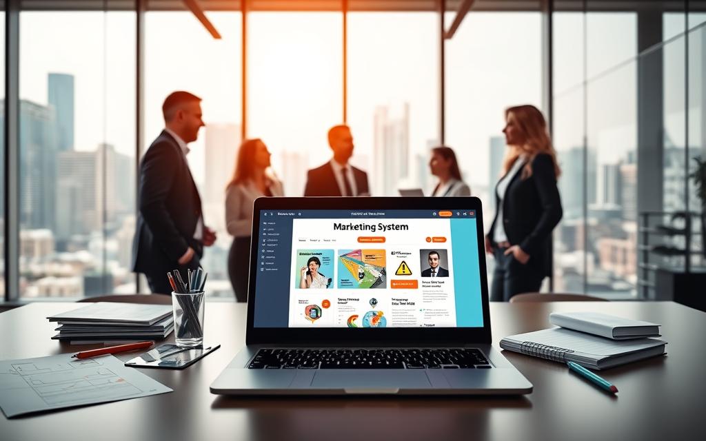 Systeme.io marketing system showing integrated funnels, landing pages, and email automation for growth.