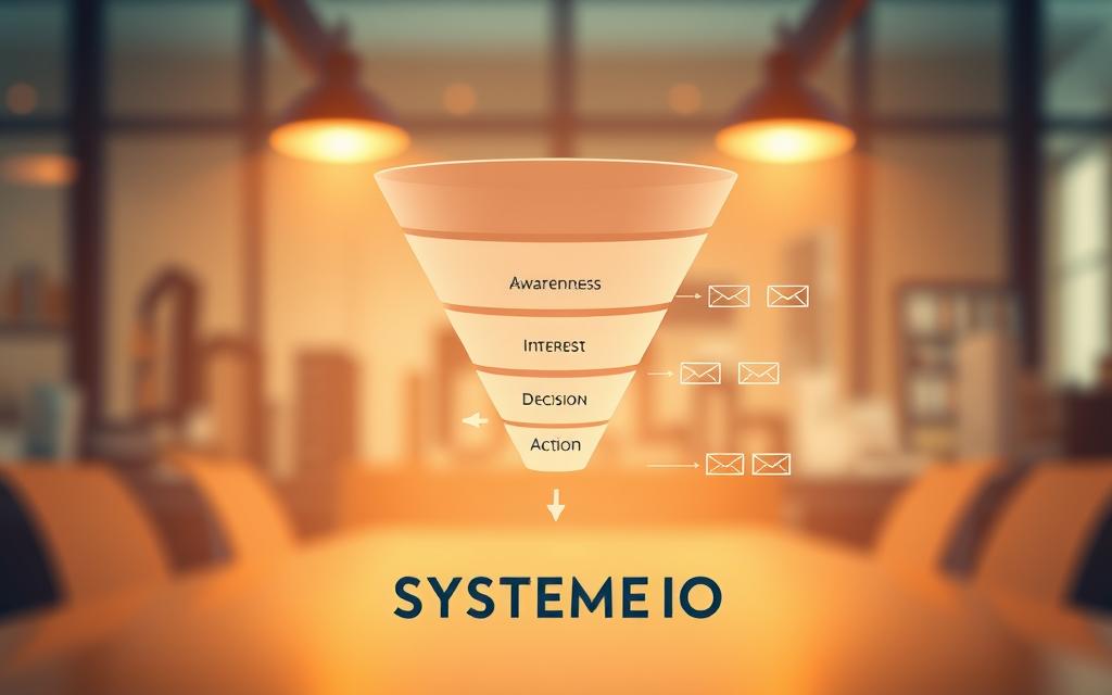 Systeme.io Sales Funnel Workflow Visualization of a 4-stage marketing funnel: Awareness, Interest, Decision, and Action, integrated with Systeme.io.