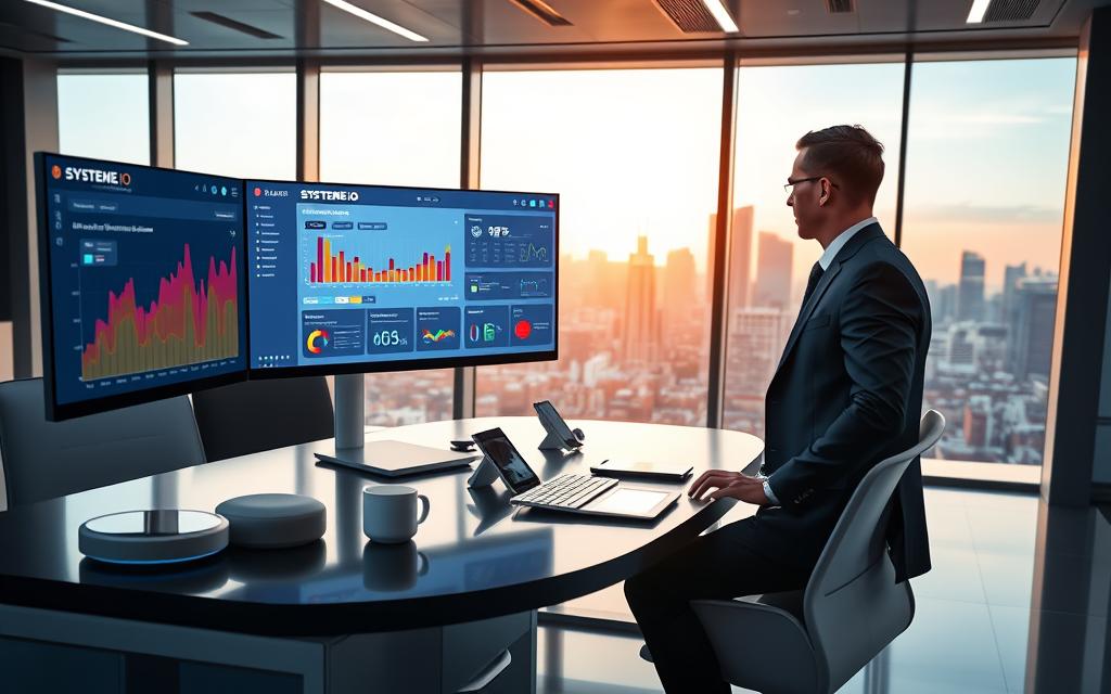 Advanced Workflow Optimization Interface Marketing strategist analyzing advanced automation dashboard