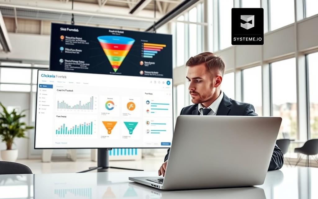 Professional analyzing ClickFunnels sales dashboard and funnel metrics. A digital marketing professional reviewing conversion rates and sales funnel steps on a laptop.