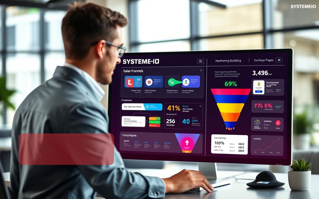 Systeme.io Sales Funnel Builder Workspace Modern digital workspace showing a professional building an affiliate marketing funnel in Systeme.io