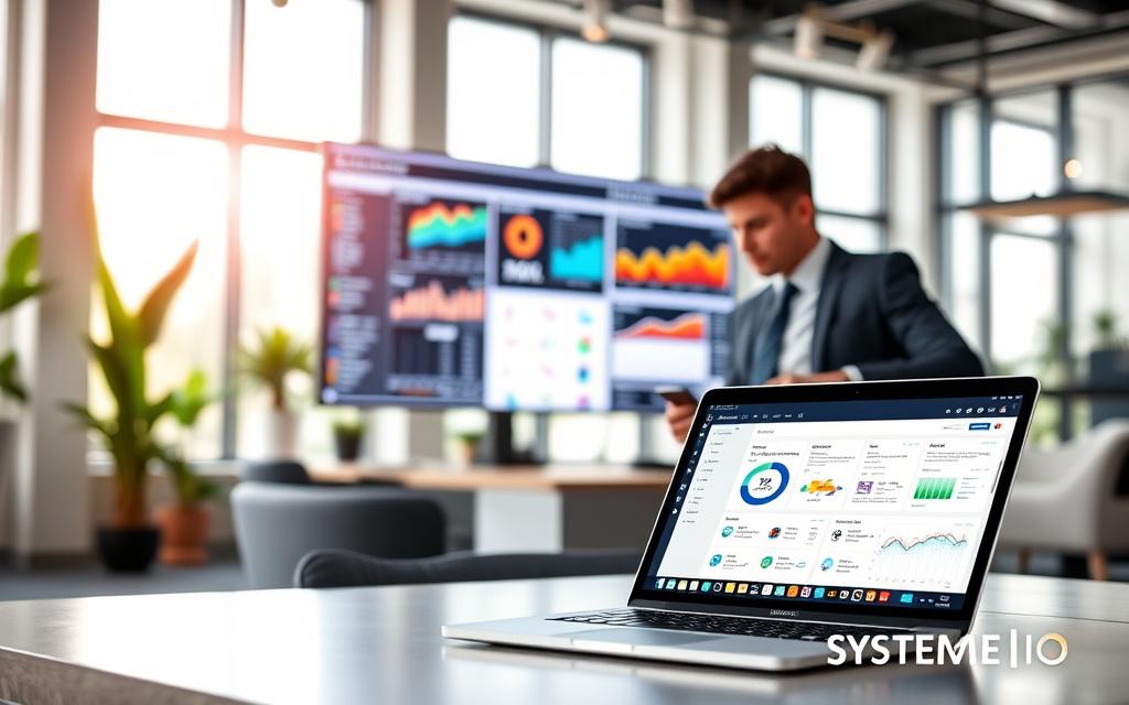 Advanced Automation Interface Analysis Professional analyzing email automation flowcharts on a laptop.