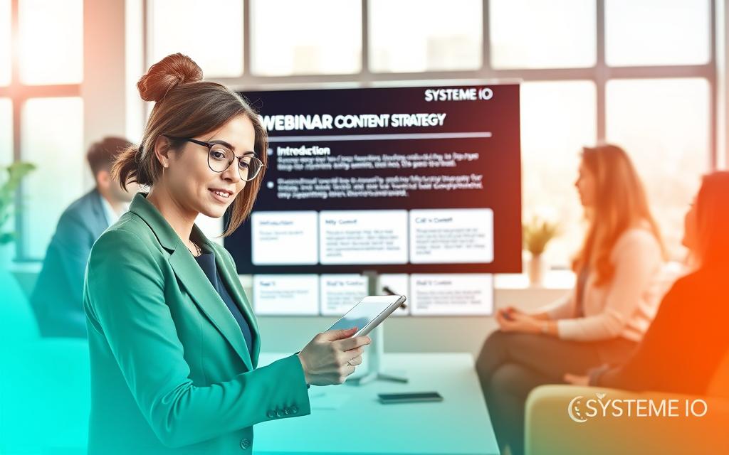 Strategic Webinar Content Planning A creative team collaborating on a webinar content outline and digital marketing strategy.
