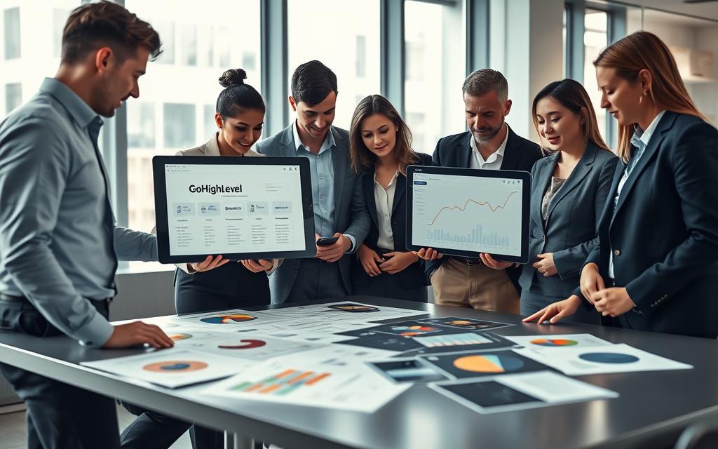 2026 CRM Comparison Scene Professionals comparing GoHighLevel and Systeme.io CRM interfaces in a modern office.