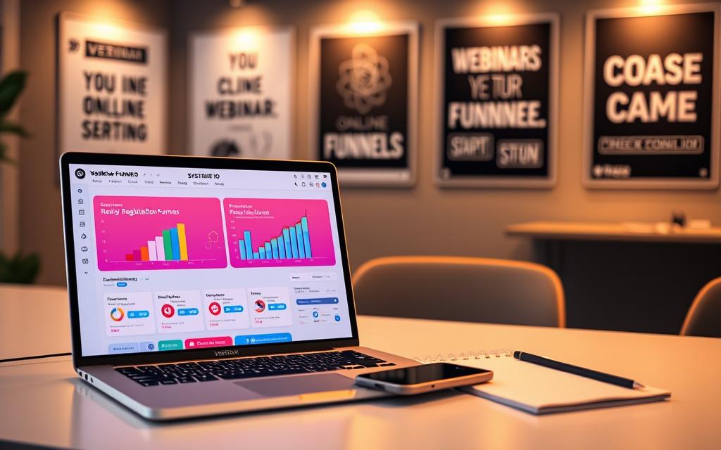 Systeme.io Webinar Funnel Setup Workspace A professional workspace showing a laptop with the Systeme.io webinar funnel interface and marketing metrics.