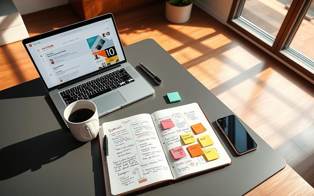 Strategic Workspace for Email Content Planning Email marketing dashboard on a laptop in a modern creative workspace.