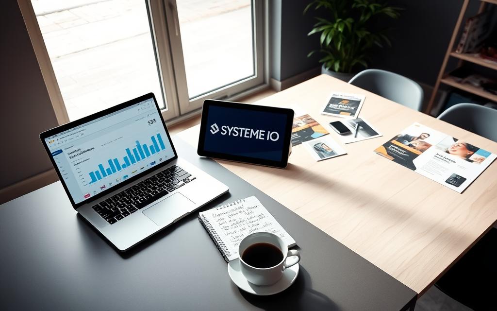 Optimizing Affiliate Marketing Tools Modern workspace with laptop showing marketing analytics and Systeme.io dashboard