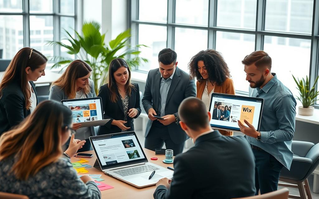 Wix vs Systeme io Workspace Discussion Marketing professionals comparing Systeme.io automation and Wix design templates on laptops.