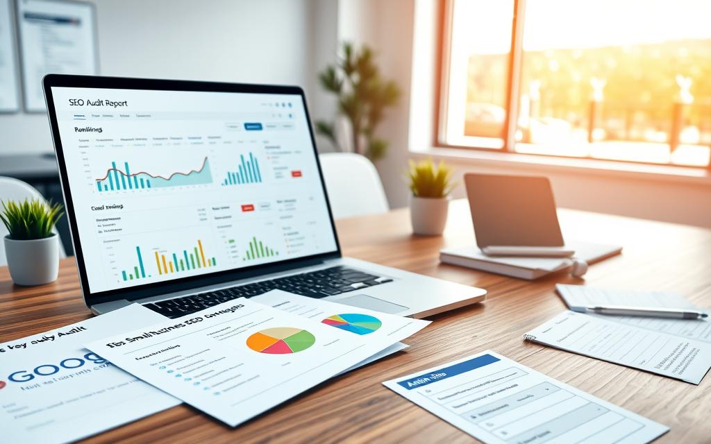 RankMint SEO Audit dashboard on a laptop displaying small business SEO metrics.