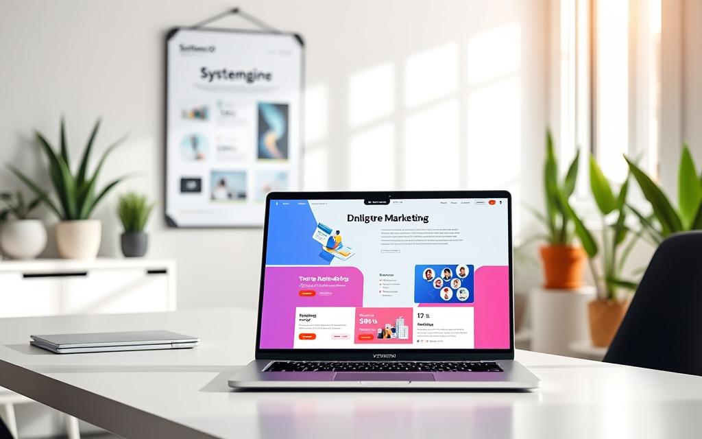Systeme.io Landing Page Design Interface Systeme.io professional landing page editor interface on a modern laptop
