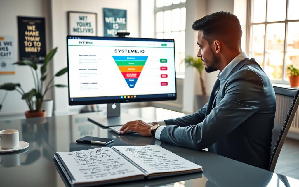A professional online marketer in business attire, sitting at a sleek, modern desk, intently working on a digital sales funnel builder interface displayed on a large computer screen. The screen showcases a colorful, intuitive visual of a sales funnel with distinct stages like “Awareness,” “Interest,” “Decision,” and “Action,” incorporating the brand name "SYSTEME.IO." In the background, a bright office environment is filled with motivational business posters, a potted plant, and natural light streaming through large windows. The foreground features a notepad filled with strategic notes and marketing ideas, creating an atmosphere of creativity and productivity. Soft lighting enhances the focus on the marketer and the vibrant screen, emphasizing a sense of focus and innovation. A professional online marketer in business attire, sitting at a sleek, modern desk, intently working on a digital sales funnel builder interface displayed on a large computer screen. The screen showcases a colorful, intuitive visual of a sales funnel with distinct stages like “Awareness,” “Interest,” “Decision,” and “Action,” incorporating the brand name "SYSTEME.IO." In the background, a bright office environment is filled with motivational business posters, a potted plant, and natural light streaming through large windows. The foreground features a notepad filled with strategic notes and marketing ideas, creating an atmosphere of creativity and productivity. Soft lighting enhances the focus on the marketer and the vibrant screen, emphasizing a sense of focus and innovation.
