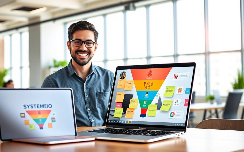 Step-by-Step systeme io Funnel Design A professional marketer designing a sales funnel using systeme io on a laptop in a bright office.