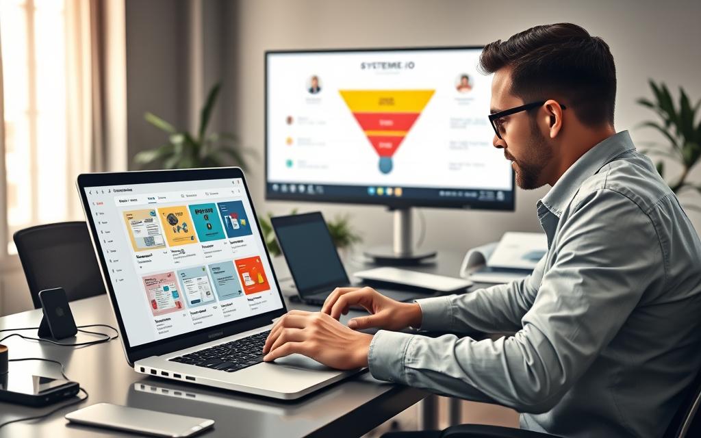 A professional online marketer works intently at a sleek desk filled with digital tools and devices, representing SYSTEME.IO's email automation features. In the foreground, an open laptop displays a clean, user-friendly dashboard with automated email workflows illustrated in vibrant colors. In the middle ground, a large monitor shows an animated sales funnel graphic, emphasizing the interconnected stages of lead generation and nurturing. The background features a modern office space with soft, natural lighting streaming through a window, creating a warm and motivational atmosphere. The overall mood conveys productivity and innovation, showcasing the capabilities of SYSTEME.IO beyond merely building funnels. A professional online marketer works intently at a sleek desk filled with digital tools and devices, representing SYSTEME.IO's email automation features. In the foreground, an open laptop displays a clean, user-friendly dashboard with automated email workflows illustrated in vibrant colors. In the middle ground, a large monitor shows an animated sales funnel graphic, emphasizing the interconnected stages of lead generation and nurturing. The background features a modern office space with soft, natural lighting streaming through a window, creating a warm and motivational atmosphere. The overall mood conveys productivity and innovation, showcasing the capabilities of SYSTEME.IO beyond merely building funnels.