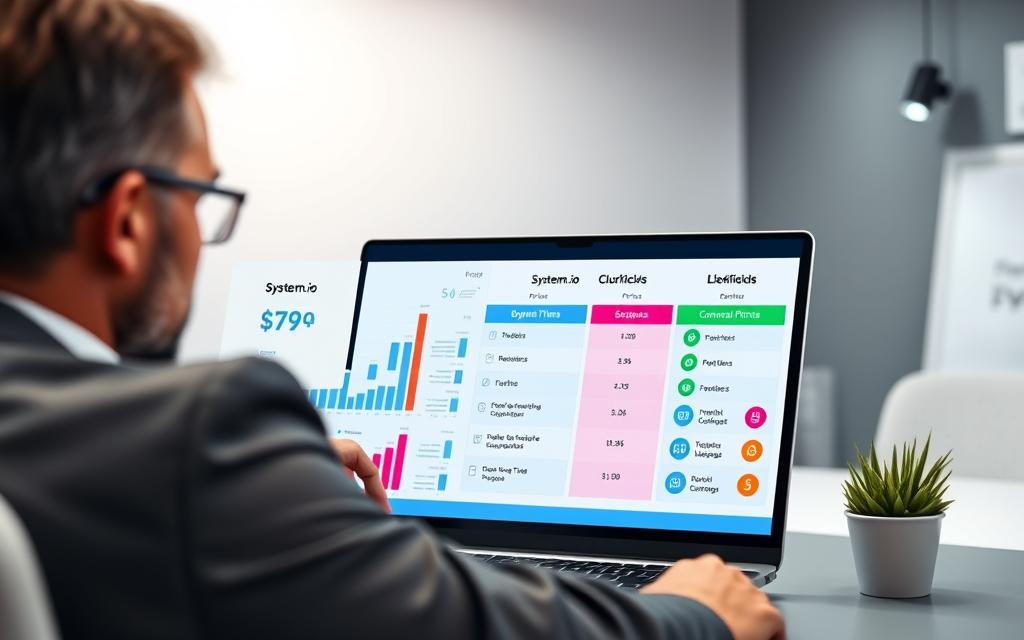 Systeme.io vs Clickfunnels Pricing Comparison 2026 Systeme.io vs Clickfunnels pricing dashboard comparison on a laptop.