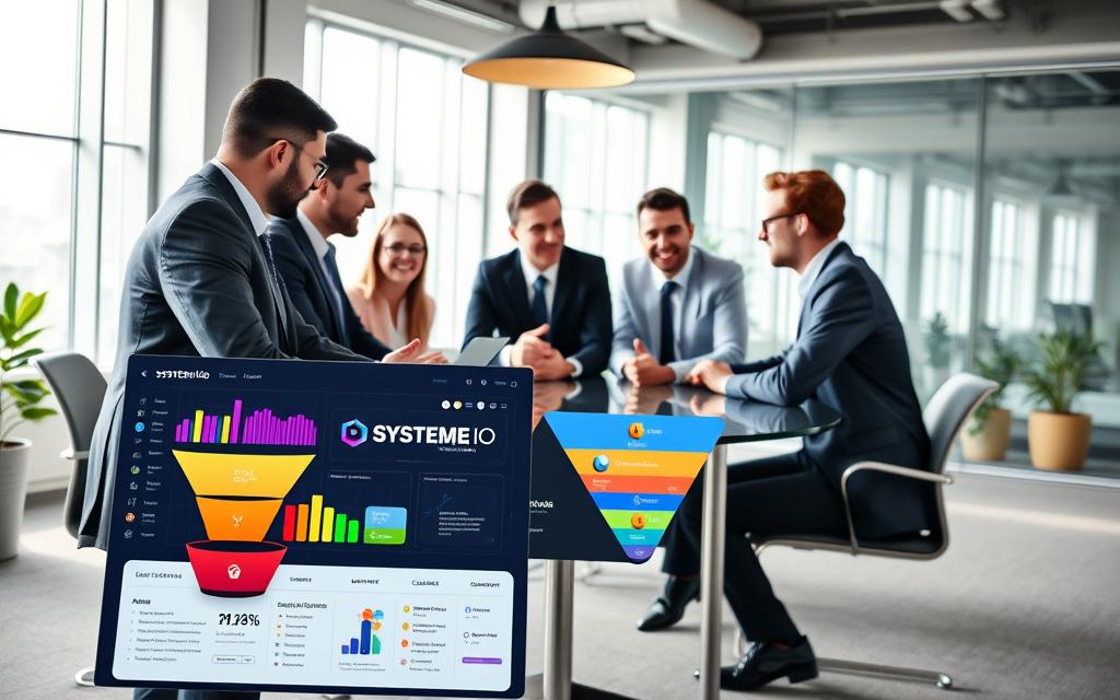 Systeme.io Sales Funnel Builder Interface Modern sales funnel builder interface with SYSTEME IO branding and analytics graphs