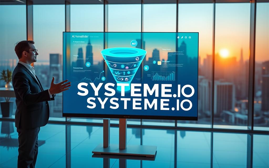 A sleek, futuristic office environment showcasing an AI-powered funnel builder interface on a high-resolution touchscreen. In the foreground, an online marketer, dressed in professional business attire, gestures towards the screen with a focused expression, illuminated by soft, ambient lighting. The middle layer features a 3D visual of a sales funnel, integrating digital elements like data streams and graphs that depict automation and efficiency. In the background, a modern city skyline is visible through large glass windows, casting a warm glow. The atmosphere is innovative and dynamic, with a color palette of blues and greens that signifies technology and growth. Prominently display the brand name "SYSTEME.IO" on the interface as a part of the design. A sleek, futuristic office environment showcasing an AI-powered funnel builder interface on a high-resolution touchscreen. In the foreground, an online marketer, dressed in professional business attire, gestures towards the screen with a focused expression, illuminated by soft, ambient lighting. The middle layer features a 3D visual of a sales funnel, integrating digital elements like data streams and graphs that depict automation and efficiency. In the background, a modern city skyline is visible through large glass windows, casting a warm glow. The atmosphere is innovative and dynamic, with a color palette of blues and greens that signifies technology and growth. Prominently display the brand name "SYSTEME.IO" on the interface as a part of the design.