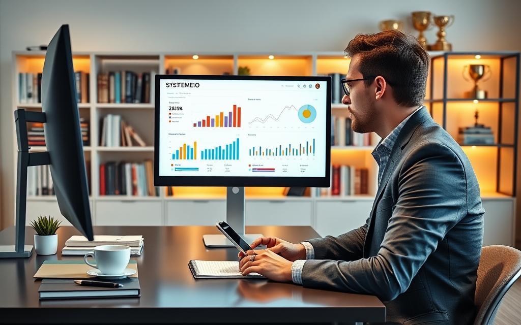 Digital marketing strategist analyzing Systeme io for coaching business performance metrics.