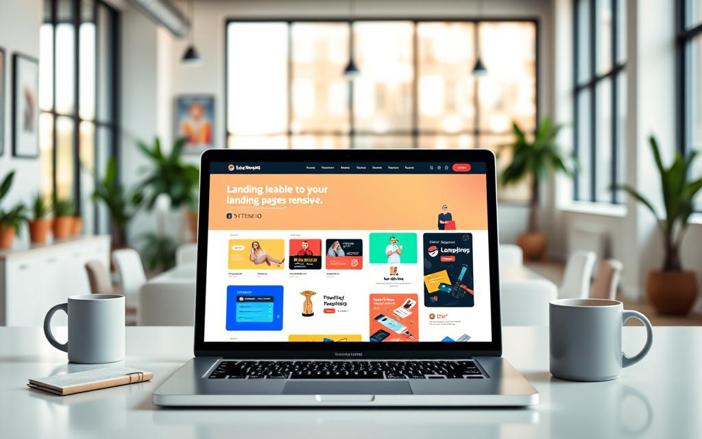 Modern workspace showcasing Leadpages' intuitive interface on a laptop. Laptop on a clean desk displaying Leadpages landing page templates for small businesses.