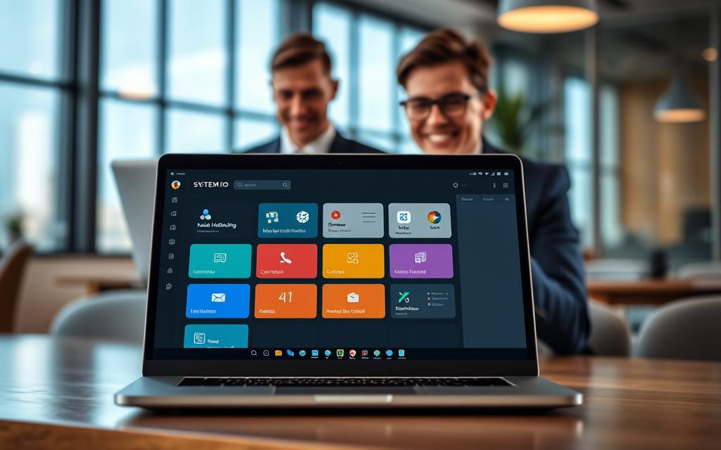 Systeme.io Beginner-Friendly Interface Systeme.io dashboard on a laptop in a modern office, showcasing easy-to-use marketing icons for beginners.