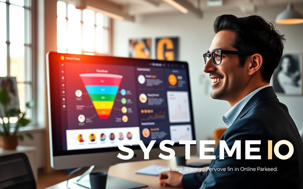 Systeme.io Drag-and-Drop Interface Digital workspace showing a marketer using the systeme io drag-and-drop funnel builder interface.