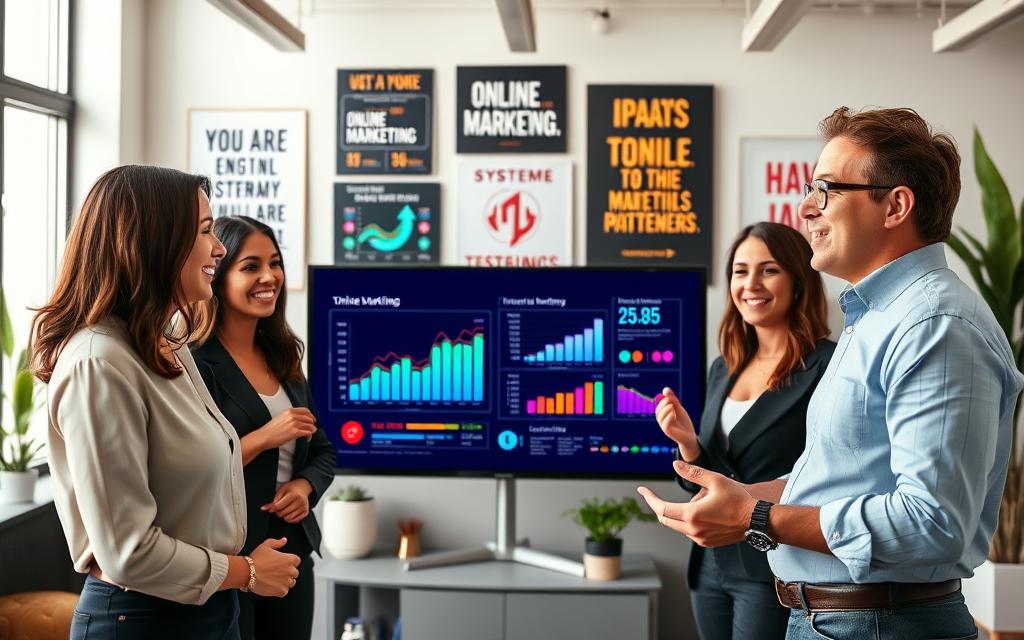 Verifiable Success with Systeme.io Diverse professionals discussing business growth metrics on a digital screen, representing Systeme.io success.