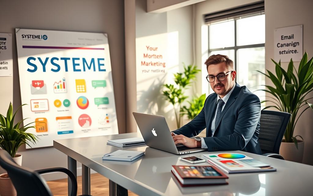Professional coach using Systeme io for coaching business marketing and sales funnel automation.