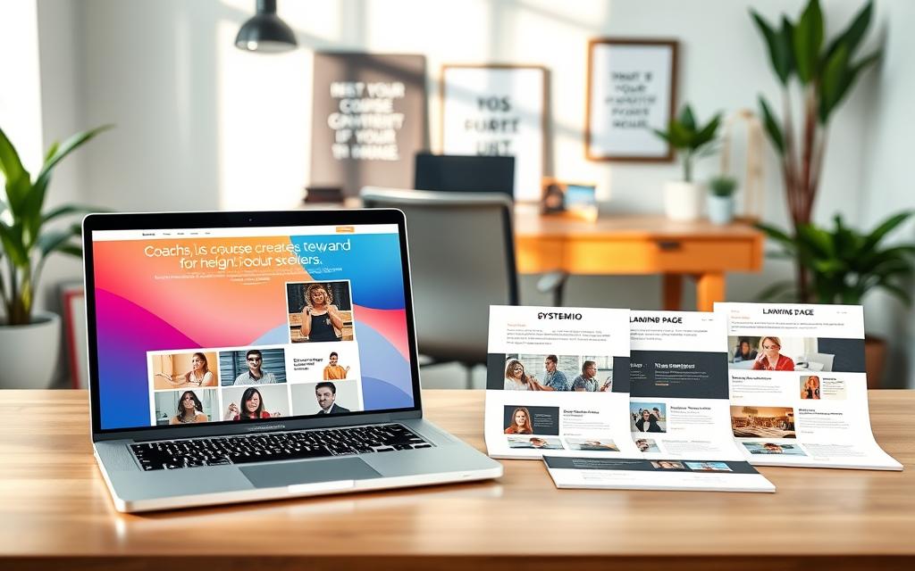 Workspace showing Systeme.io templates for online courses, coaching funnels, and digital product sales pages.