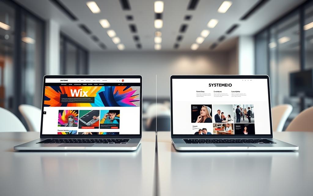 Wix vs Systeme io Design Comparison Laptop comparison showing Wix creative templates vs Systeme.io professional marketing funnels.