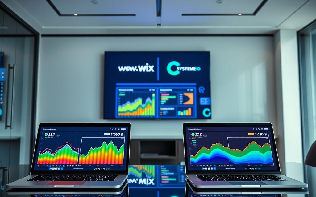 Wix vs Systeme io Performance Comparison Digital performance dashboard comparing Wix uptime and Systeme.io load speeds.