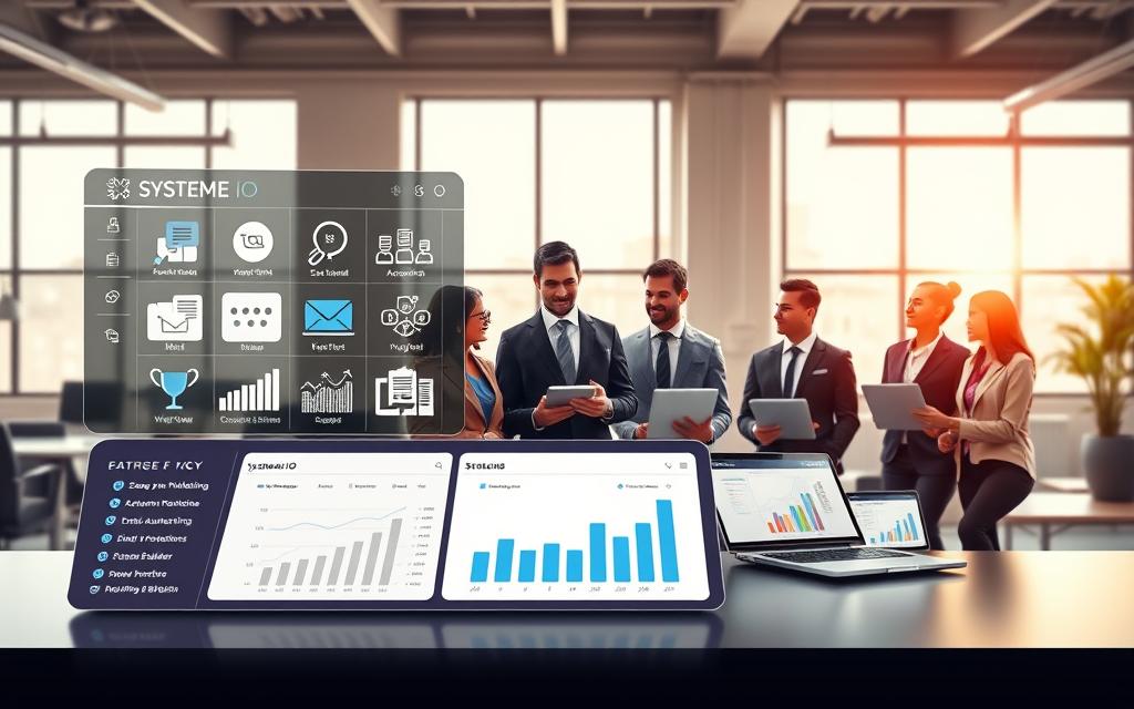 Core Systeme io Free Plan Features Dashboard Digital dashboard illustrating Systeme io free plan features for automation and funnel building.