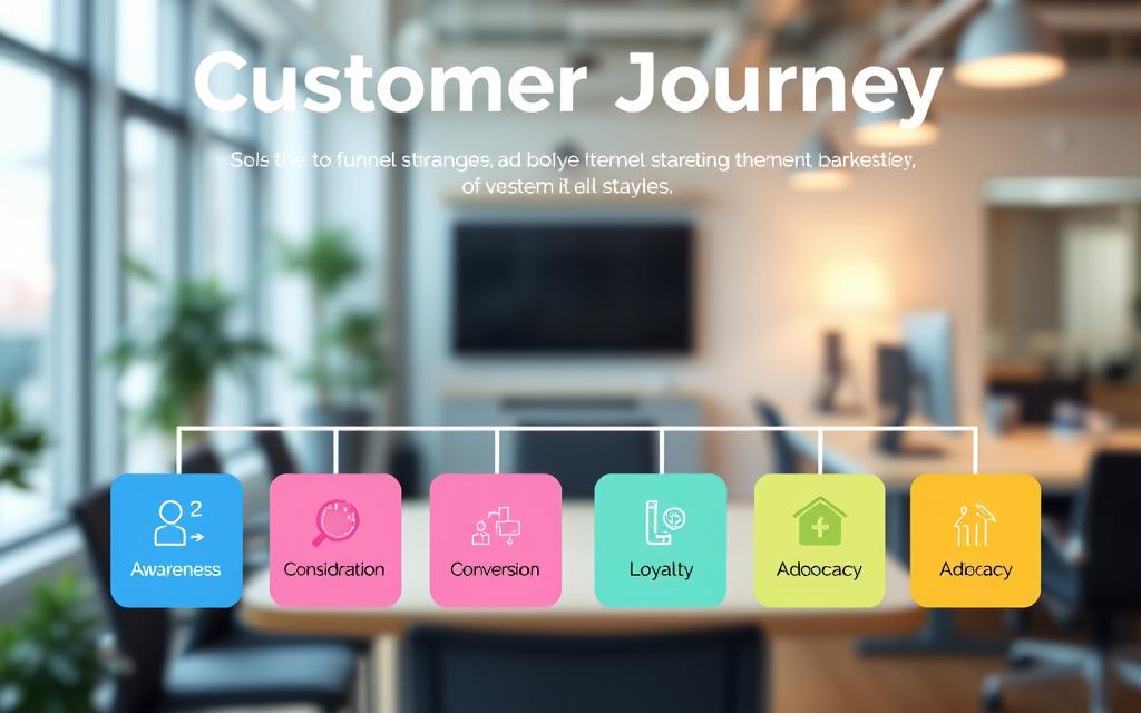A visually engaging infographic depicting the Customer Journey for Systeme IO funnels. Infographic showing Awareness, Consideration, and Decision stages in the best niche for Systeme io funnels.