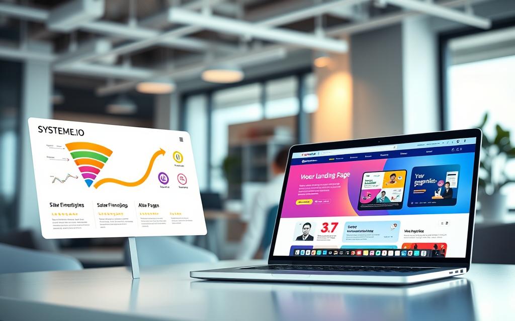 Systeme.io dashboard showing sales funnel and email marketing analytics. Laptop displaying the Systeme.io all-in-one marketing platform and sales funnel builder.