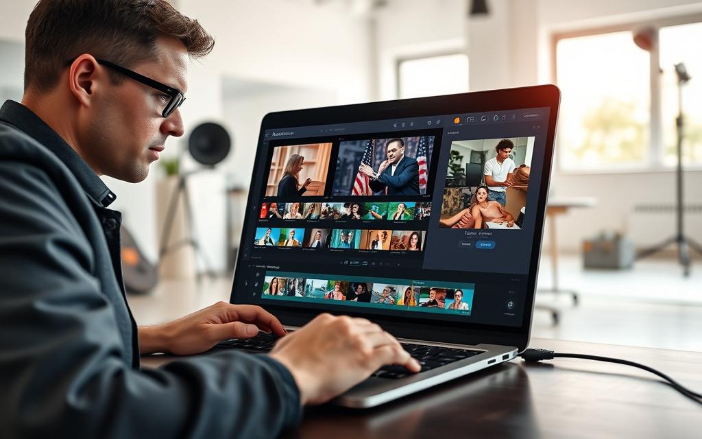 Focused creator using the Opus Clips AI interface to edit short form video content.