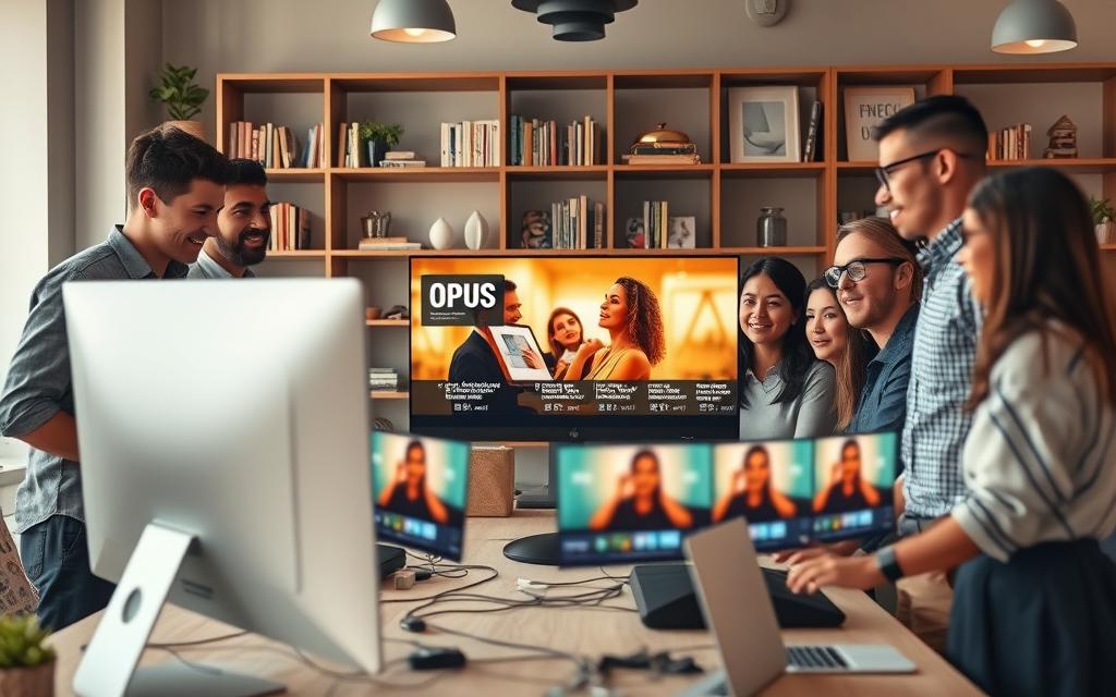 Opus Clips Reviews Professional workspace showing long video transitioning into short form content.